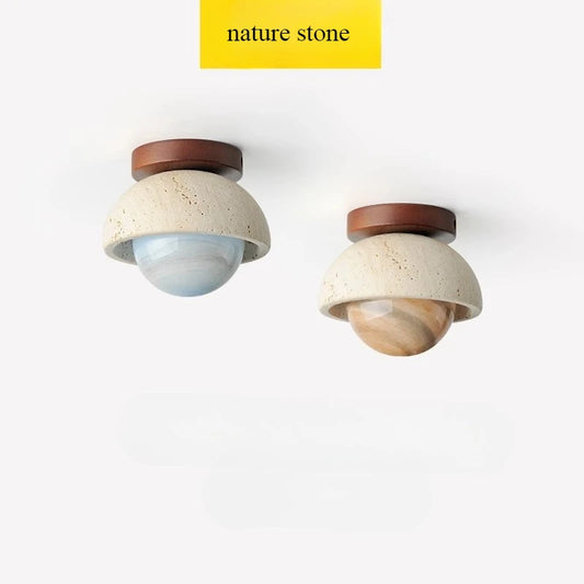 Pumous M-080 LED Ceiling Light – Wood & Stone Minimalist Fixture for Bedrooms & Corridors