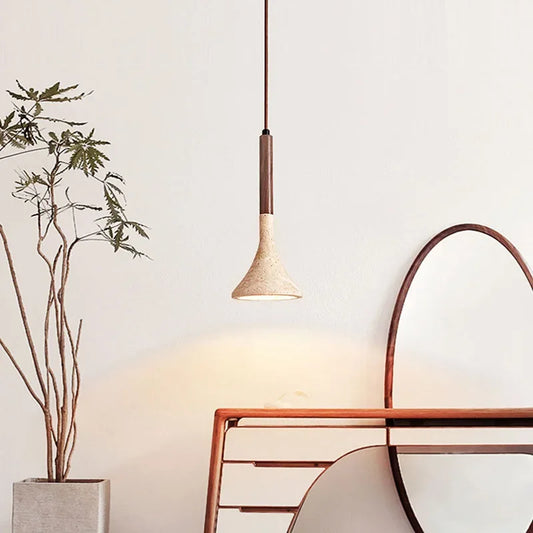 Pumous Yellow Travertine & Walnut Pendant Lamp – Wabi-Sabi Minimalist G9 LED Hanging Light for Dining & Bedroom