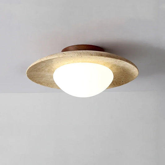 Pumous M-039 Ceiling Lamp – Wabi-Sabi Cream Stone & Wood Disc Light for Bedroom, Balcony & Hallway