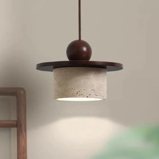 Pumous M001 Travertine Pendant Light – Small Stone Bedside Hanging Lamp with Dimmable LED (E27, Modern Minimalist)