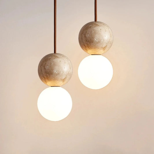 Pumous M001 Stone LED Pendant Lamp – Cream Round Ball Minimalist Hanging Light for Bedroom & Dining