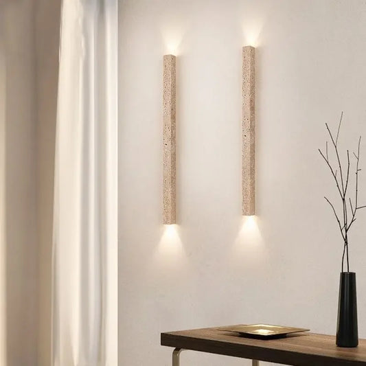 Wabi-Sabi Natural Stone Wall Lamp – Long Retro LED Sconce with Up & Down Light for Living Room & Bedroom