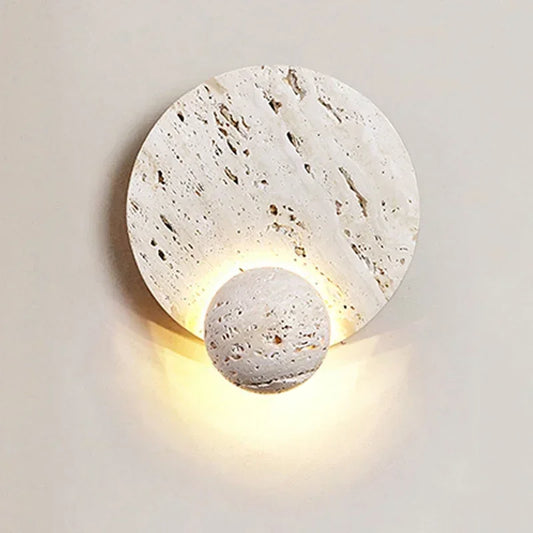 Natural White Travertine Disk Wall Lamp – Modern Stone LED Sconce for Living Room & Bedroom