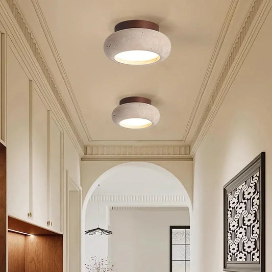 Pumous M-029 LED Ceiling Light – Natural Wood & Travertine Flush Mount Lamp (Nordic Modern, 5–10 m²)