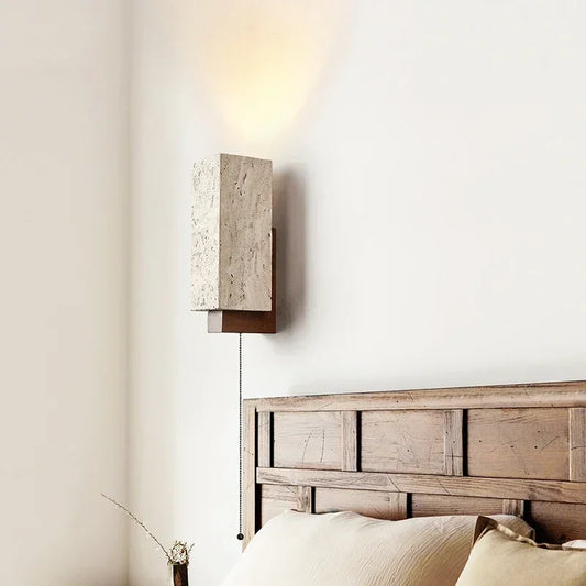 Wabi-Sabi Travertine & Walnut Wall Lamp – Cream Minimalist LED Sconce for Bedroom & Living Room