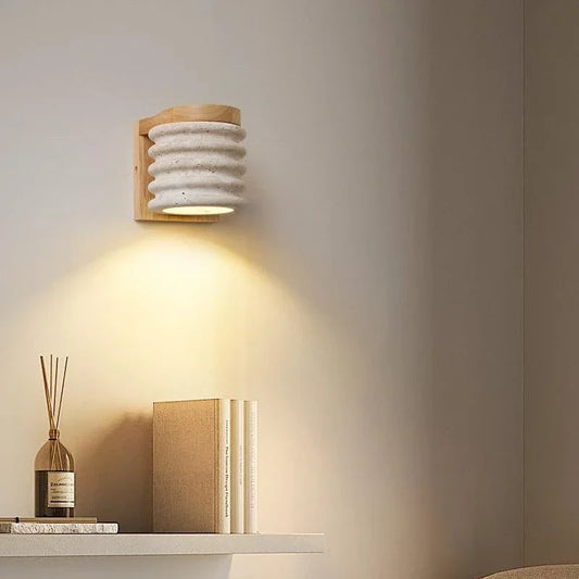 Pumous M-026 Stone & Wood LED Wall Lamp – Minimalist Downward Light with Touch Switch for Bedroom & Hallway